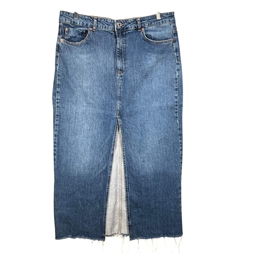 Stradivarius‎ Denim Midi Skirt Front Slit Raw Hem Blue Jean Skirt Size 12
